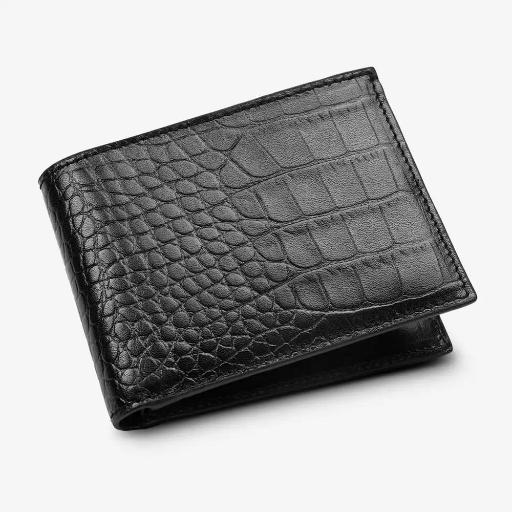 Slim Bifold Wallet Black Embossed Croco Leather