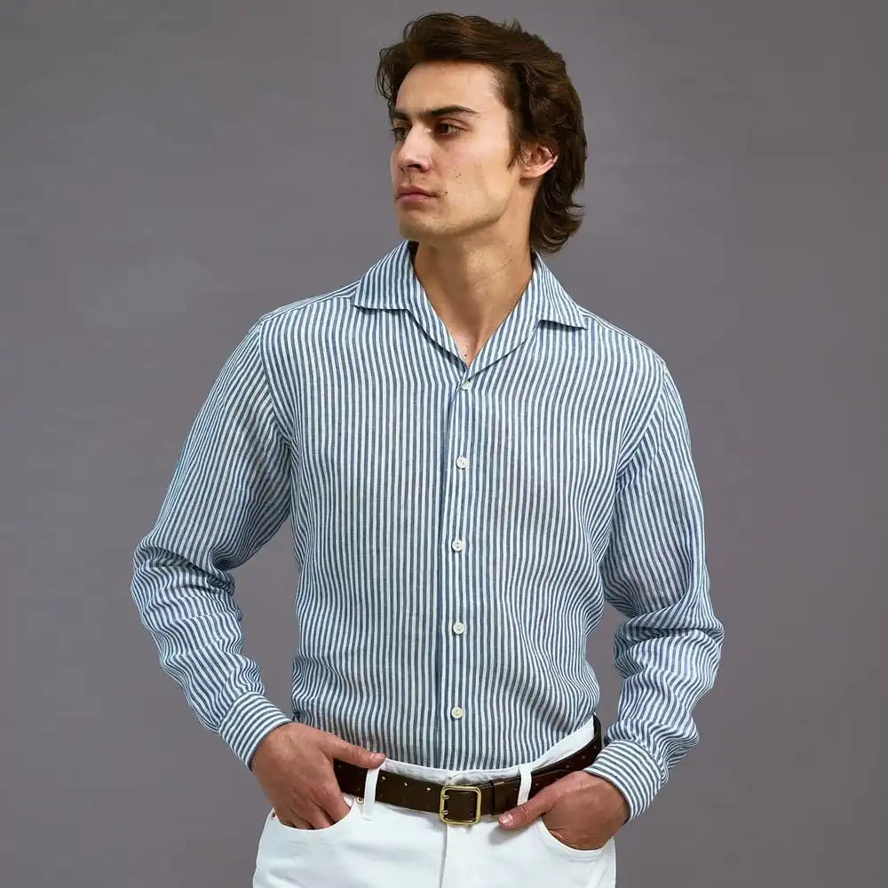 Eton Striped Linen Shirt Blue
